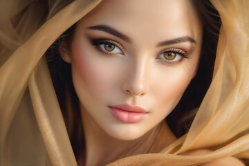 A woman with striking hazel eyes and soft makeup is enveloped in a golden, translucent fabric. Her expression is calm and serene, and the light highlights the smoothness of her complexion.