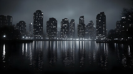Fototapeta premium A cityscape with tall buildings reflected in a still lake. The city is lit up at night, and the sky is overcast.