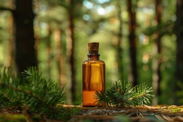 Fragrance Bottle on Evergreen Branch in Sunlit Forest - Nature-Inspired Aromatherapy