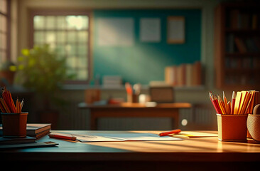 A bright, empty classroom with neatly arranged desks and chairs. On the wooden desk, school supplies like notebooks, pencils, and rulers are scattered. The chalkboard is clean, space for text.