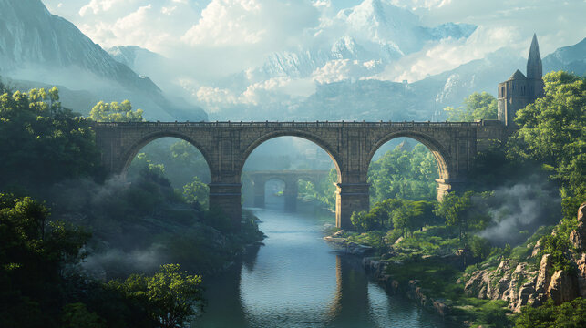 A historical bridge with classic engineering and scenic backdrop.
