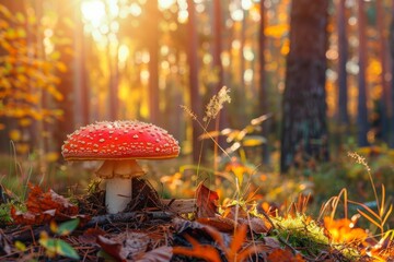 A sun-dappled Nordic forest in autumn, its vibrant foliage providing a colorful backdrop to a solitary perfectly formed mushroom