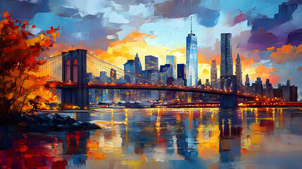 A colorful, impressionistic painting of the New York City skyline at sunset
