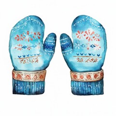 A pair of knitted blue winter mittens in watercolor style white background
