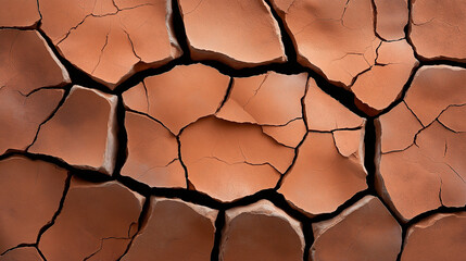 Dry, cracked earth showcases parched, textured surface, highlighting effects of arid conditions. This image evokes sense of desolation and environmental change
