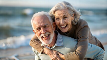 "Elderly Beach Piggyback Ride" - Smiling older couple sharing a playful piggyback moment by the ocean.