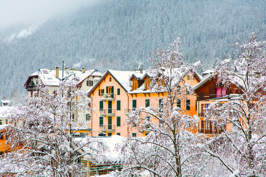chamonix city view. Alpine houses, chalets