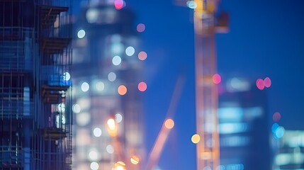 Fototapeta premium A blurred cityscape at night showcasing construction and illuminated buildings.