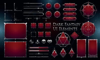 Set of Dark Fantasy Elements for user interface, poster, video. Fantasy magic HUD. Template for rpg game interface. Vector Illustration EPS10