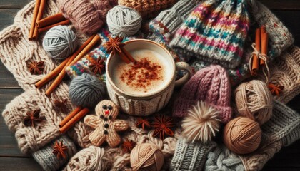 Winter composition with spiced drink, spices, woolen yarn and knitted items