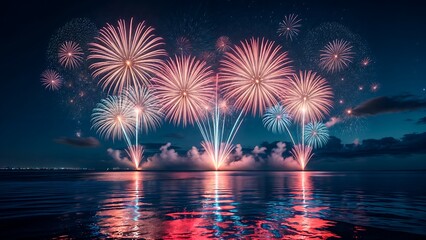 Fireworks above water with reflection with dark sky background. celebrating happy new year 2025.