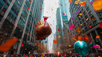 Giant turkey balloon hovers amidst confetti showers against NYC skyscrapers during Macy's Thanksgiving Day Parade