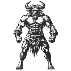 Fototapeta premium A powerful, muscular minotaur with horns and a fierce expression stands in a threatening pose.