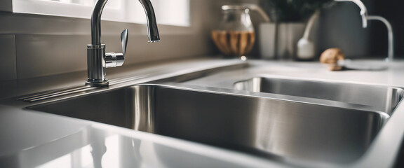 Photo of a modern kitchen sink with a sleek faucet with copy space