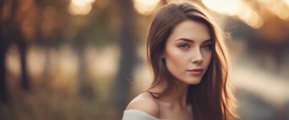 Obraz premium Photograph of an attractive young lady with brown hair Lovely model with flawless skin Emphasis on b