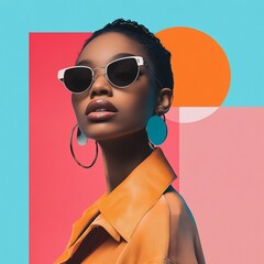 A stylish woman sporting retro sunglasses, set against a geometric and colorful pop-art inspired background, exuding bold fashion vibes.
