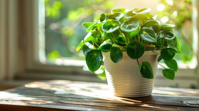 Peperomia plant in white ceramic pot, bright natural sunlight, soft window light, lush green heart-shaped leaves, vibrant foliage, wooden table surface, minimalist indoor setting