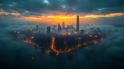 A dramatic aerial view of a city skyline shrouded in fog at sunrise.