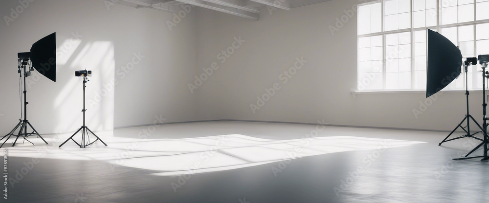 Aufkleber plain empty photo studio with a clean white cyclorama and natural sunlight and shadows from a large
