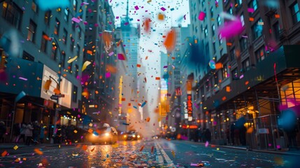 Spectacular view of the Macy's Thanksgiving Day Parade with multi-colored confetti raining down on Manhattan's bustling streets isolated on a gradient background