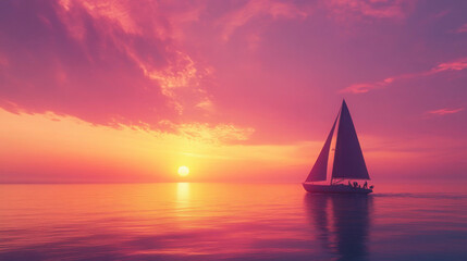 Fototapeta premium A silhouette of a sailboat drifting under a sky awash with pink, purple, and orange colors as the sun sets.