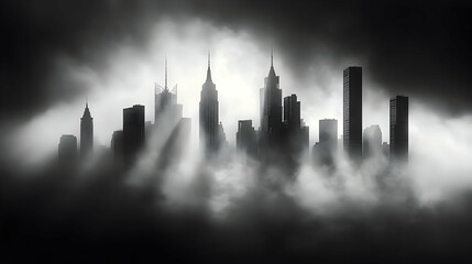 Fototapeta premium A dramatic black and white silhouette of a city skyline emerging from a thick fog.