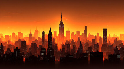 Fototapeta premium A dramatic cityscape silhouette against a fiery orange sunset sky.
