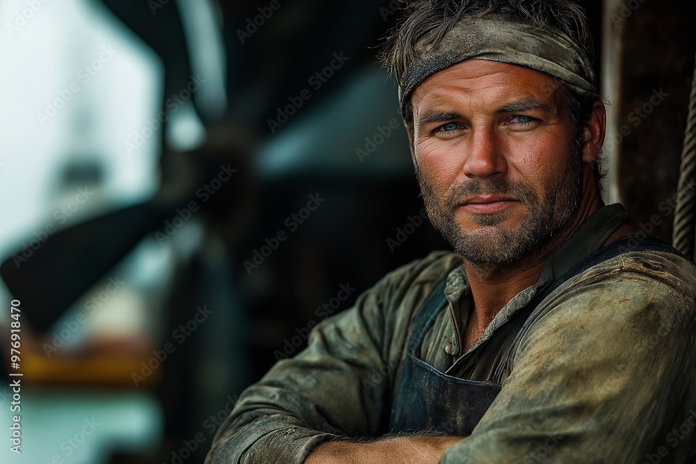 Poster a man with a beard and a dirty apron is standing in front of a large propeller