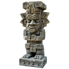 Ancient mayan stone statue with arms crossed standing isolated on a white background