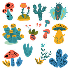 Naklejka premium Cactus and Mushrooms Clipart Set. Flat Vector Illustration