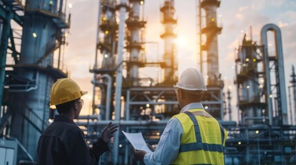 Fototapeta premium Refinery industrial engineers are working and discussing in front of oil and gas industrial plant. Refinery for industry.