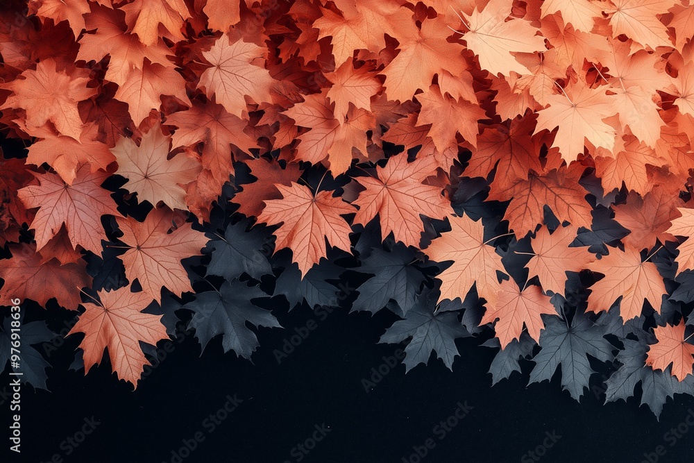 Poster A black background with a large number of orange and black leaves. The leaves are arranged in a way that they look like they are falling from a tree. The image has a warm and cozy feeling