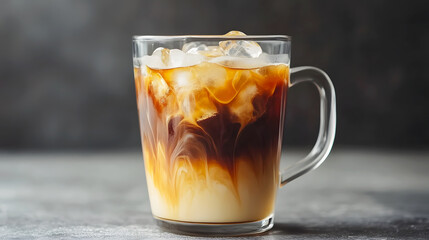 glass mug of cold brew coffee, with layers of milk and coffee forming as they mix over ice cubes