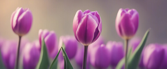 Fototapeta premium Purple tulips in a isolated pastel background Copy space