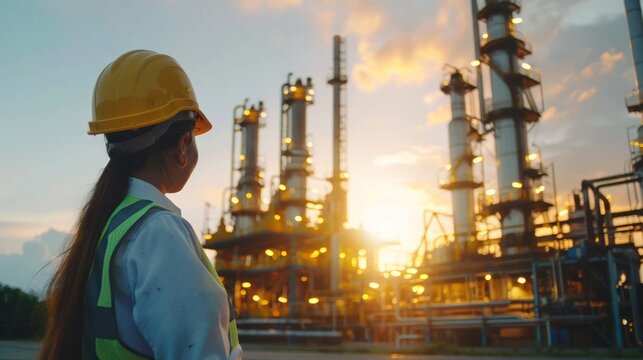 Refinery industrial engineers are working and discussing in front of oil and gas industrial plant. Refinery for industry.