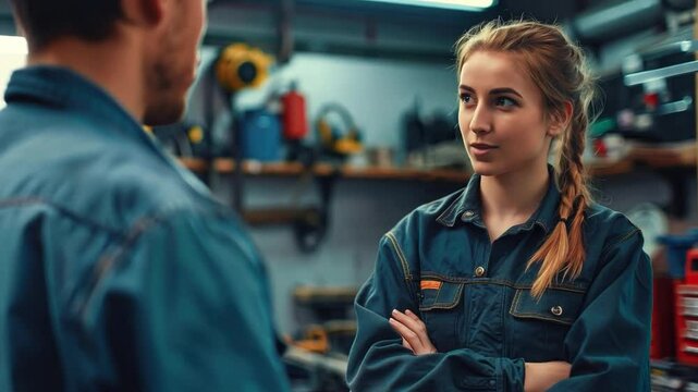 A mechanic explaining the importance of regular oil changes to a customer in a clean, well-lit garage