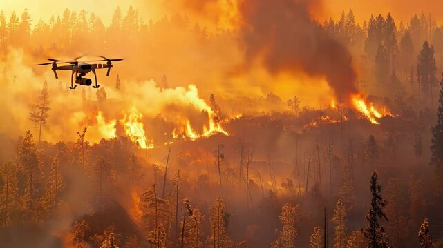 Aerial view of a drone surveying wildfires at sunset, with smoke and flames rising into the sky over a forest fire and drones surveying areas affected by the wildfires.