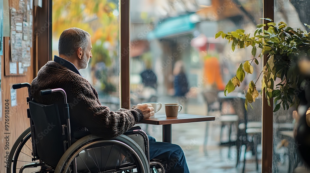 Poster man in a wheelchair sitting at a table by a window