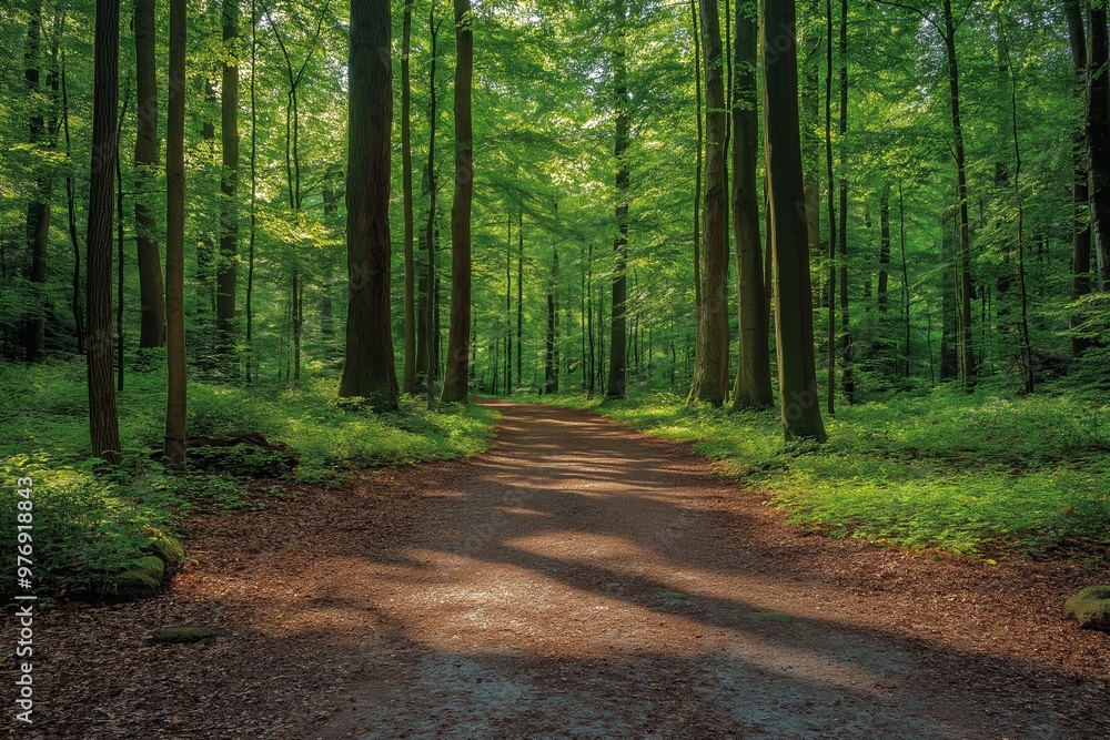 Poster a path through a forest with trees on either side. the path is covered in leaves and dirt