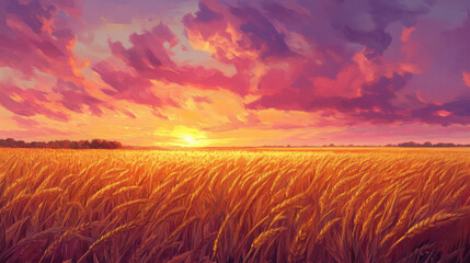 Obraz premium A vibrant sunset over a field of golden wheat, with the sky painted in rich shades of pink, purple, and orange.