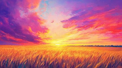 Fototapeta premium A vibrant sunset over a field of golden wheat, with the sky painted in rich shades of pink, purple, and orange.