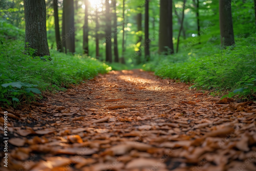 Poster a path through a forest with leaves on the ground. the path is narrow and surrounded by trees