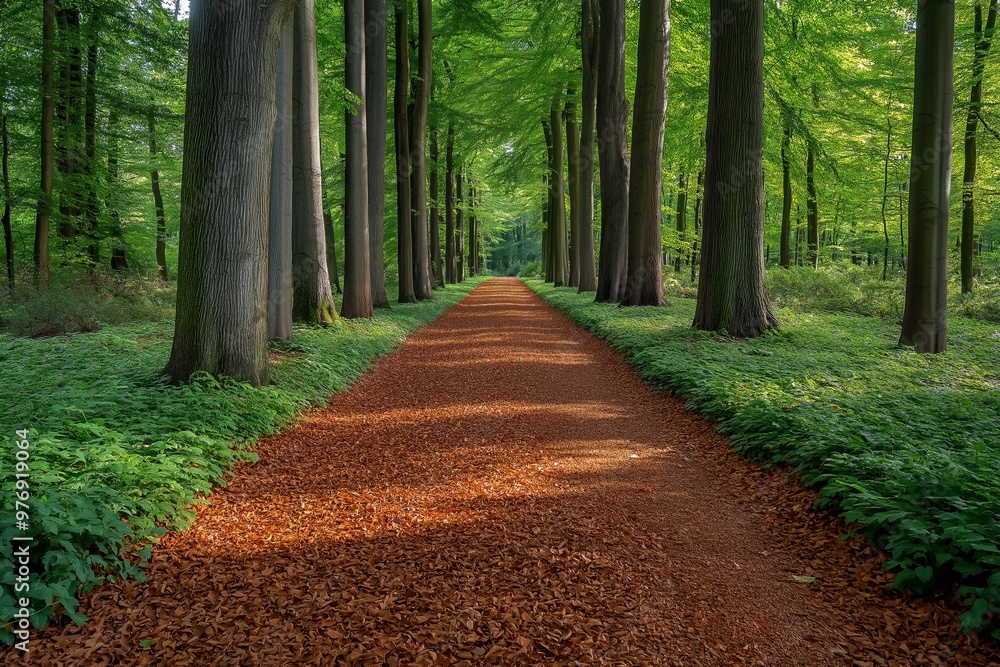 Poster a path through a forest with trees on either side. the path is made of gravel and is surrounded by g