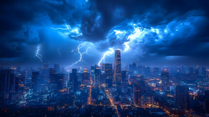 Fototapeta premium A dramatic lightning storm illuminates a modern cityscape at night.