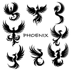 Phoenix Silhouette Set. Flat Vector Illustration