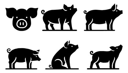 Pigs Silhouette Set. Flat Vector Illustration