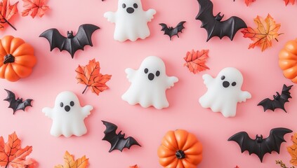 A pink background with cute cartoon ghosts, pumpkins, and bats for Halloween decoration. Flat lay, top view. Bright colors