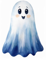 Obraz premium Watercolor cute ghost with cheerful smile. Playful and whimsical character for Halloween holiday