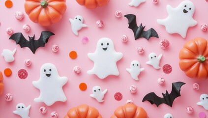 A pink background with cute cartoon ghosts, pumpkins, and bats for Halloween decoration. Flat lay, top view. Bright colors