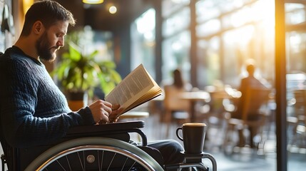 Man in Wheelchair Reading a Book in a Cafe